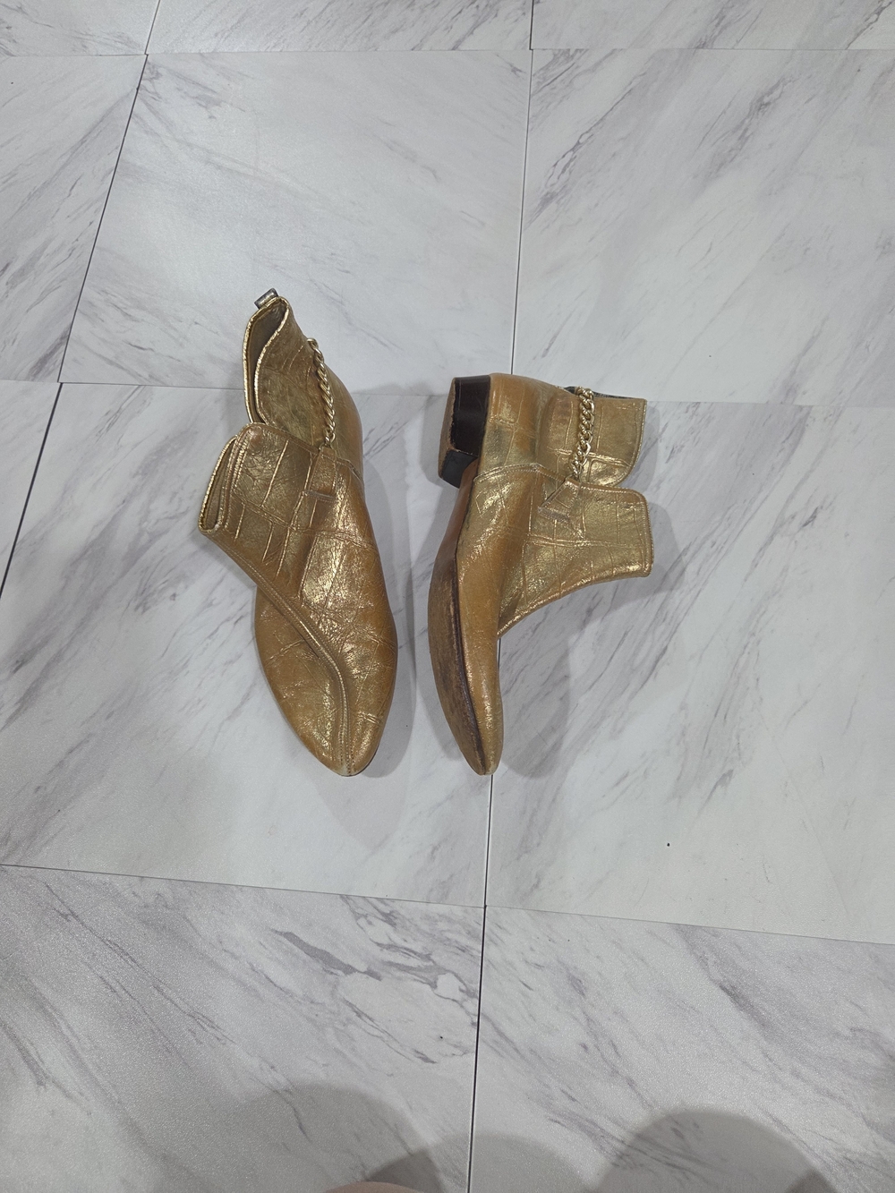 Vintage Metallic Gold Ankle Booties with Chain Detail